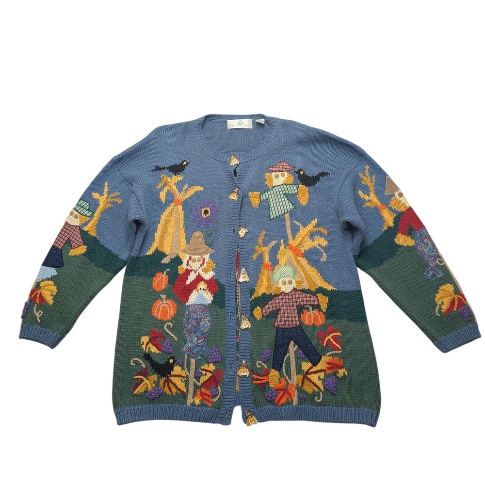 Vintage Design Options Cardigan Sweater Womens XL Blue Fall Harvest Scarecrow